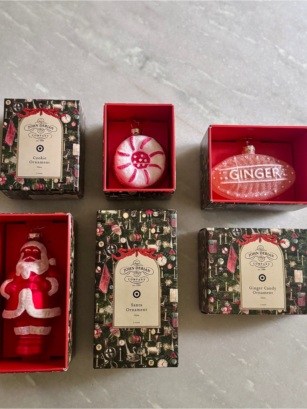 NIB John Derian Glass Ornament Set - Santa, Cookie & Ginger Candy